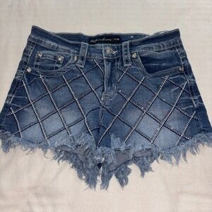 Stella in Dreams Denim Cutoff Short Bling Sequins Fringe Hem Size 11 Boho
